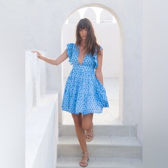 Oliphant Cross Back Mini Dress In Fern Blue, Size Medium. NWT! - Picture 2 of 16